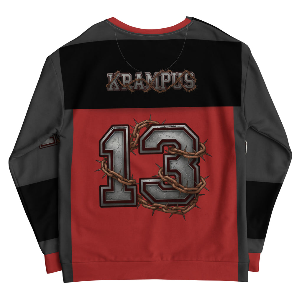 Back/detail view of Krampus Night Raiders “13” — Unisex Sweatshirt Football Jersey graphic sweatshirt