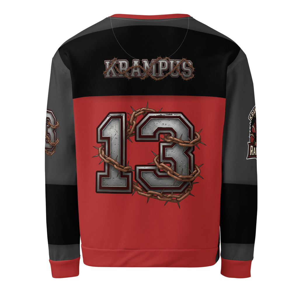 Back/detail view of Krampus Night Raiders “13” — Unisex Sweatshirt Football Jersey graphic sweatshirt