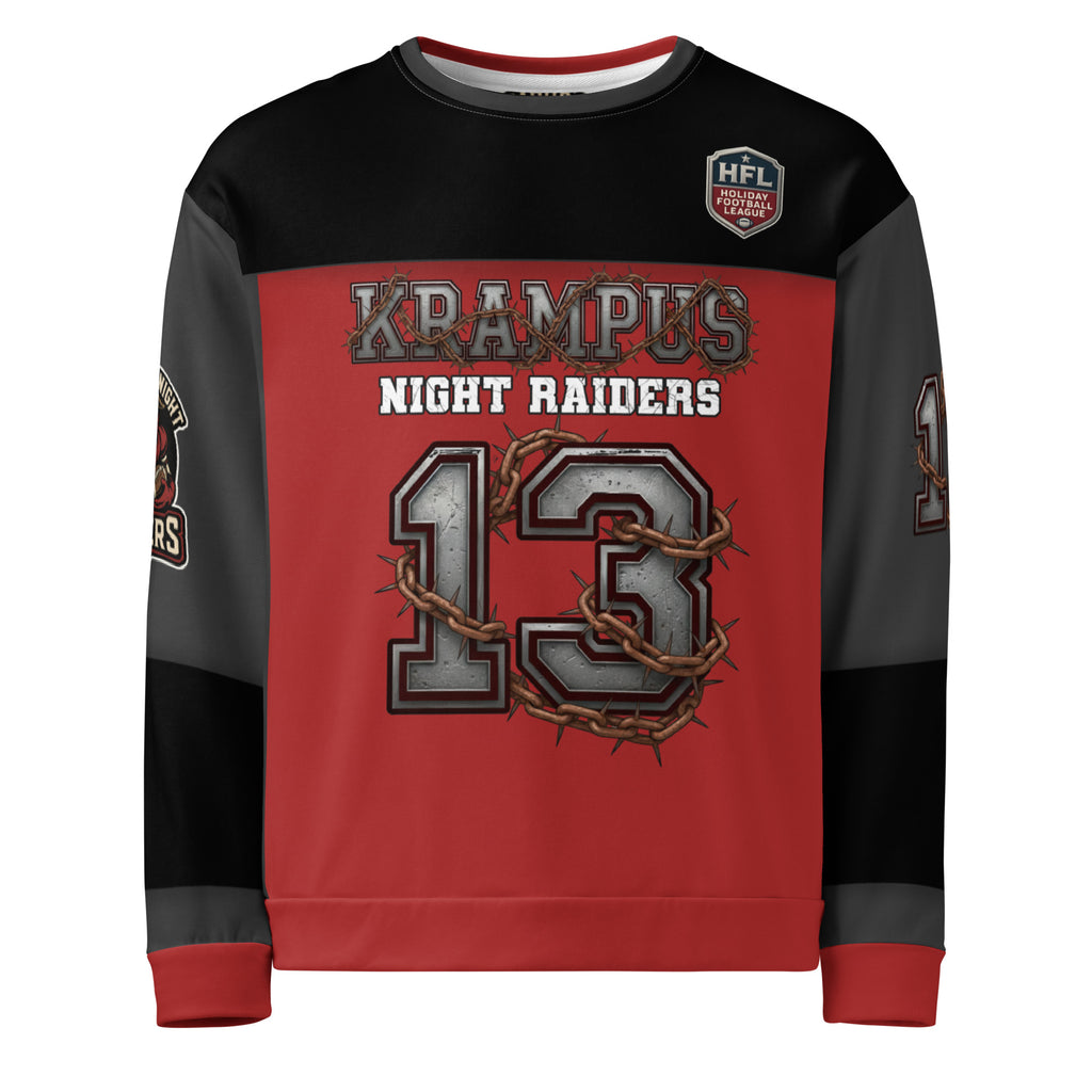 Front/product view of Krampus Night Raiders “13” — Unisex Sweatshirt Football Jersey graphic sweatshirt