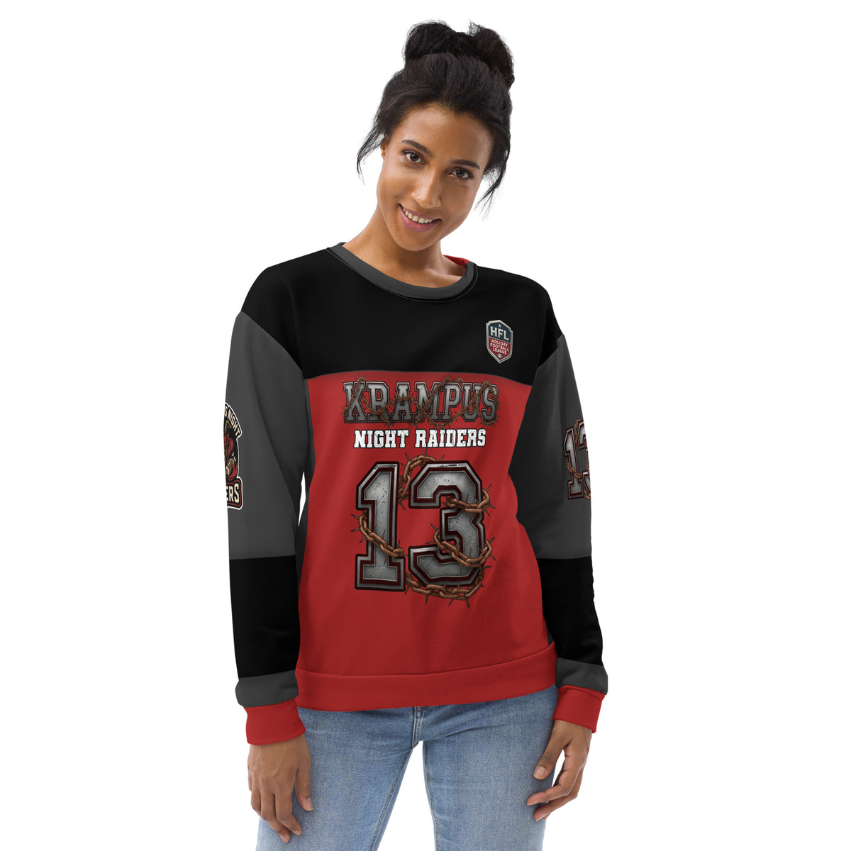 Back/detail view of Krampus Night Raiders “13” — Unisex Sweatshirt Football Jersey graphic sweatshirt