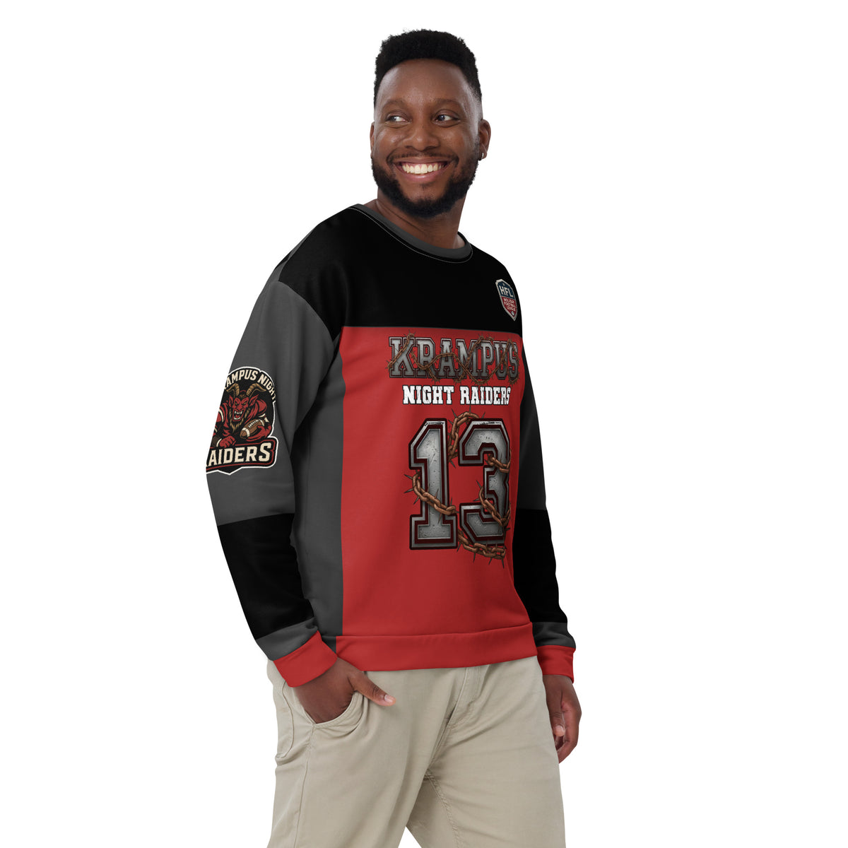 Back/detail view of Krampus Night Raiders “13” — Unisex Sweatshirt Football Jersey graphic sweatshirt