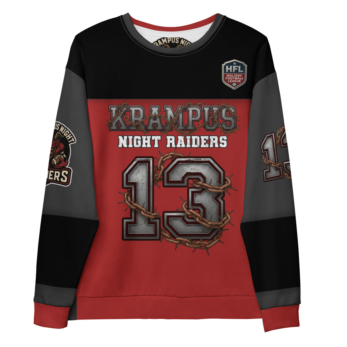 Back/detail view of Krampus Night Raiders “13” — Unisex Sweatshirt Football Jersey graphic sweatshirt