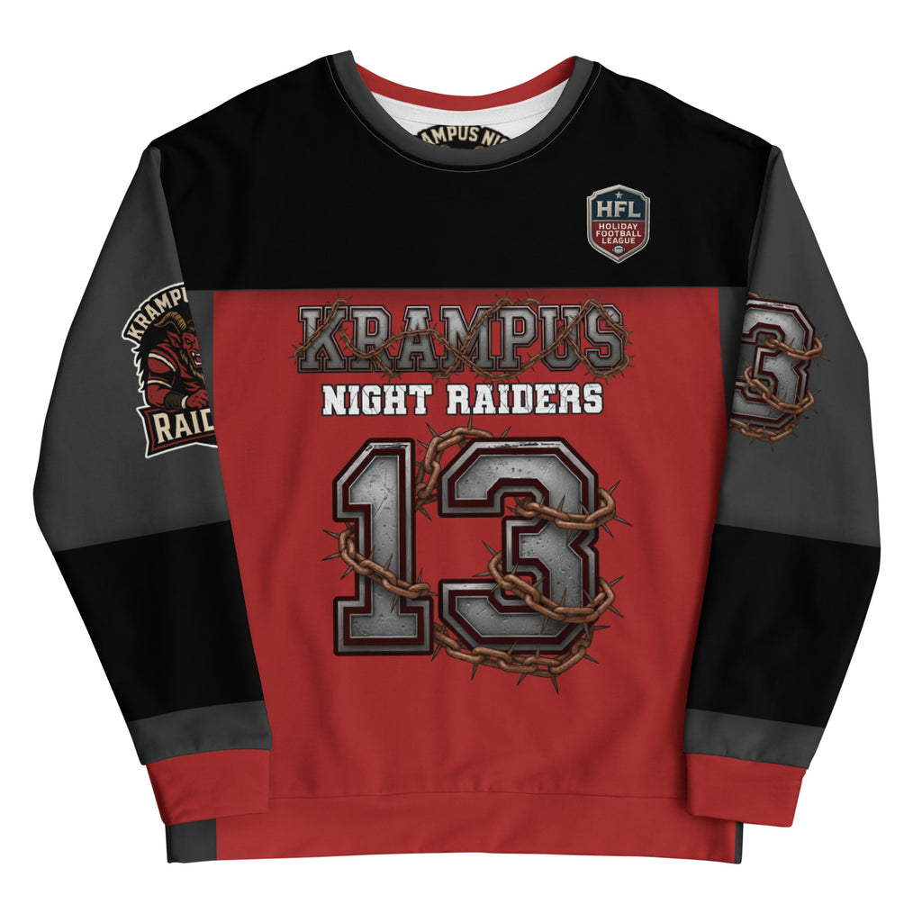 Back/detail view of Krampus Night Raiders “13” — Unisex Sweatshirt Football Jersey graphic sweatshirt