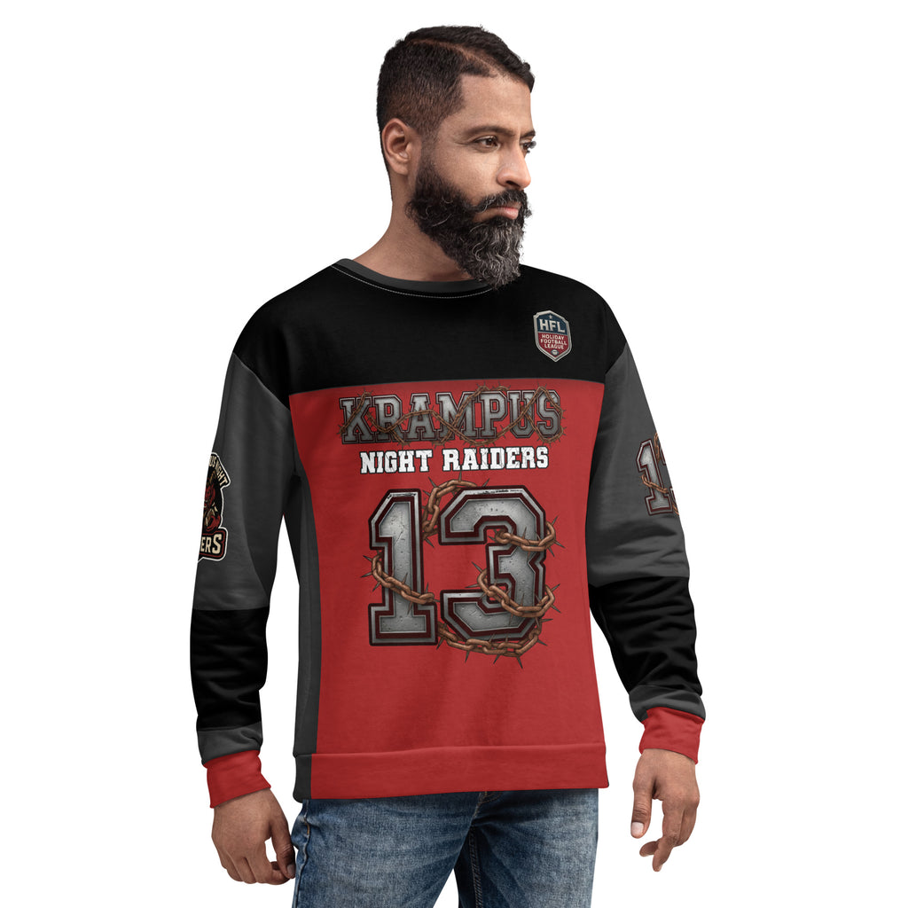 Back/detail view of Krampus Night Raiders “13” — Unisex Sweatshirt Football Jersey graphic sweatshirt
