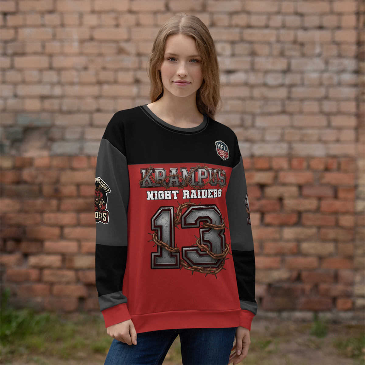 Back/detail view of Krampus Night Raiders “13” — Unisex Sweatshirt Football Jersey graphic sweatshirt