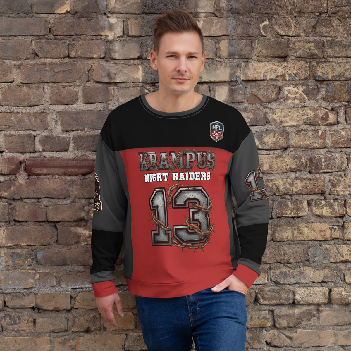 Back/detail view of Krampus Night Raiders “13” — Unisex Sweatshirt Football Jersey graphic sweatshirt