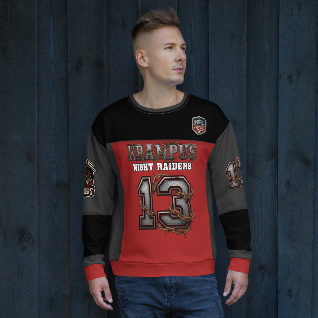 Back/detail view of Krampus Night Raiders “13” — Unisex Sweatshirt Football Jersey graphic sweatshirt