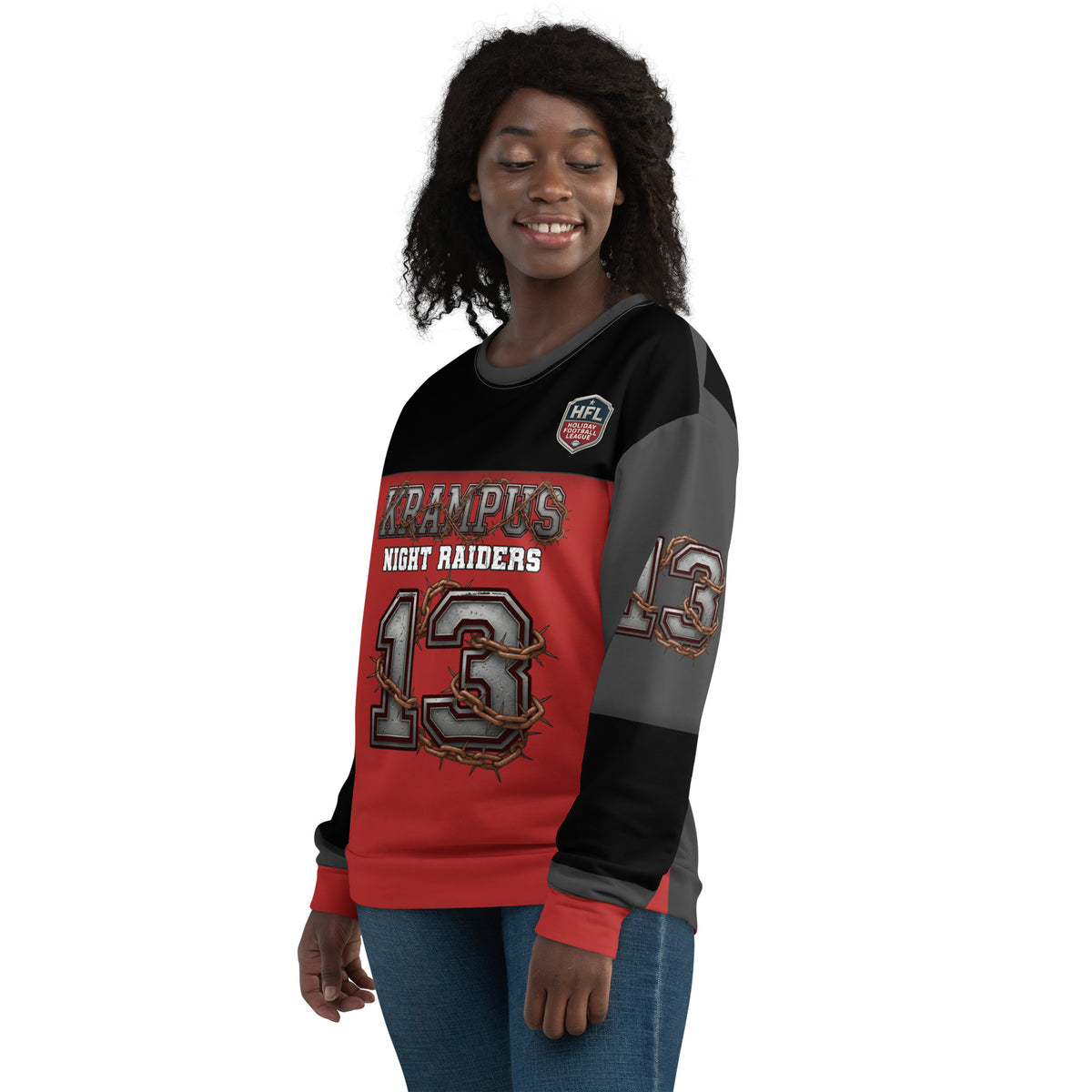 Back/detail view of Krampus Night Raiders “13” — Unisex Sweatshirt Football Jersey graphic sweatshirt