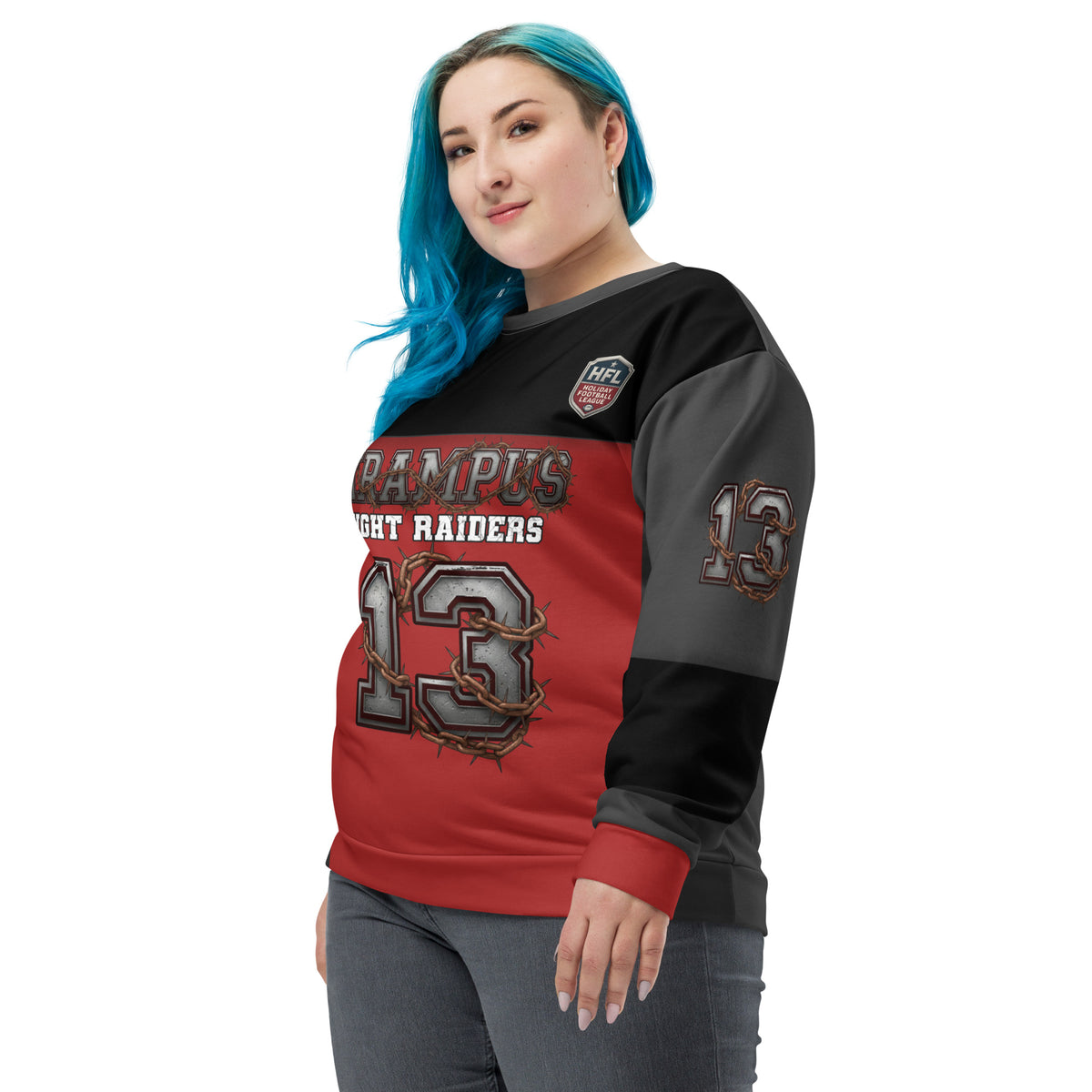 Back/detail view of Krampus Night Raiders “13” — Unisex Sweatshirt Football Jersey graphic sweatshirt