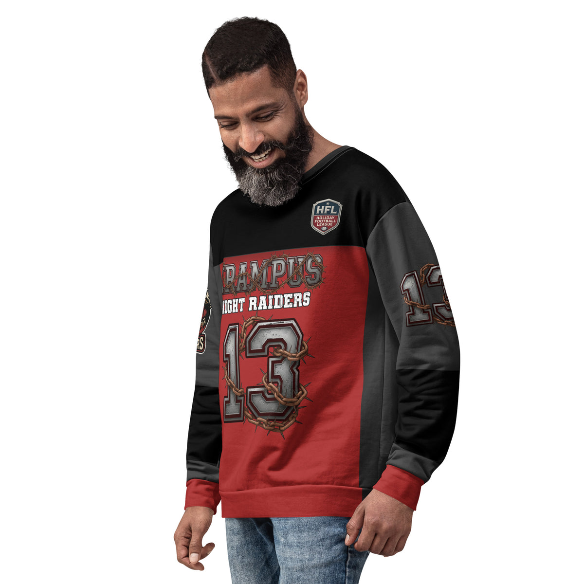 Back/detail view of Krampus Night Raiders “13” — Unisex Sweatshirt Football Jersey graphic sweatshirt