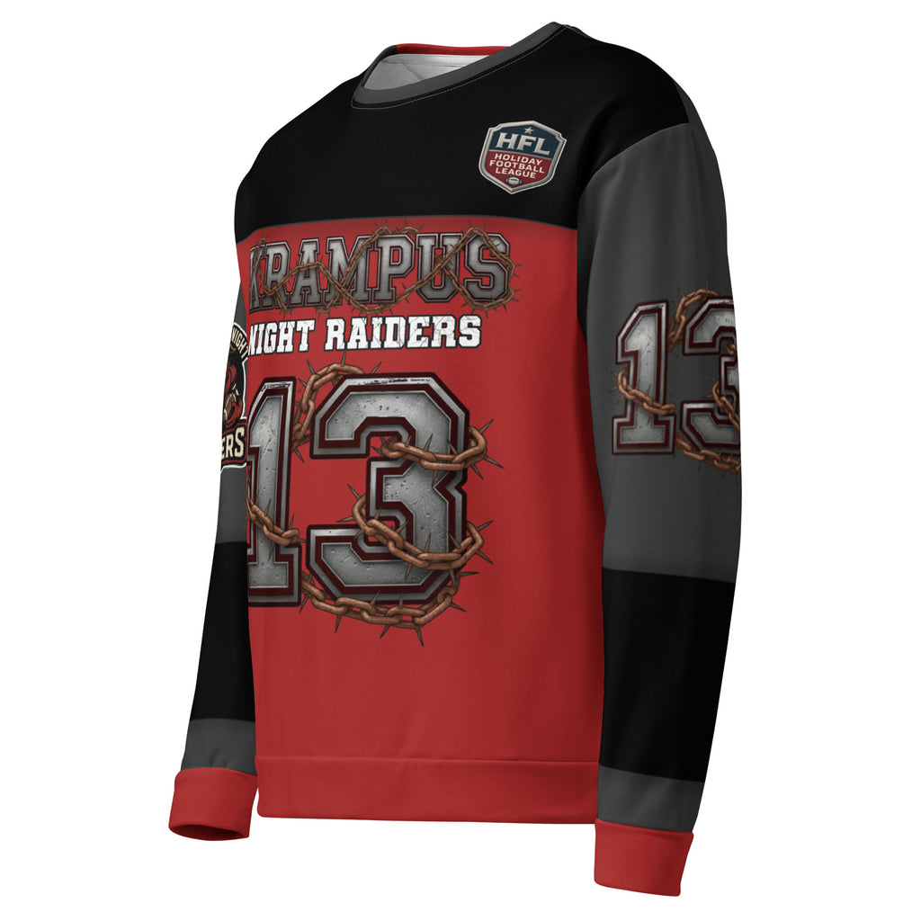 Back/detail view of Krampus Night Raiders “13” — Unisex Sweatshirt Football Jersey graphic sweatshirt