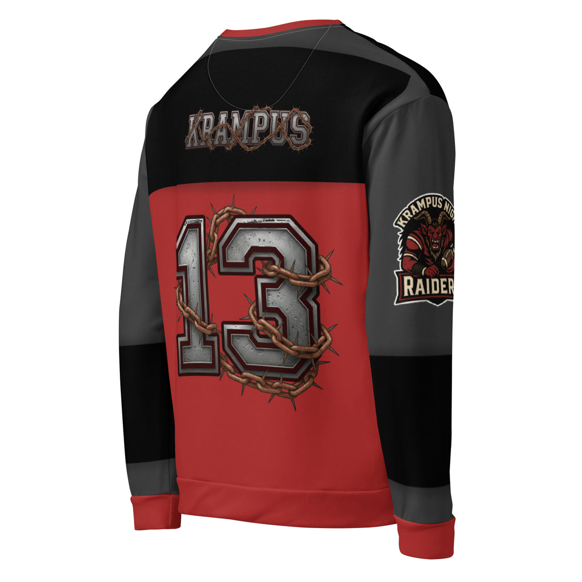 Back/detail view of Krampus Night Raiders “13” — Unisex Sweatshirt Football Jersey graphic sweatshirt