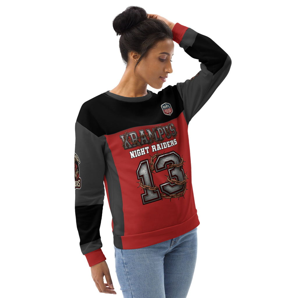 Back/detail view of Krampus Night Raiders “13” — Unisex Sweatshirt Football Jersey graphic sweatshirt