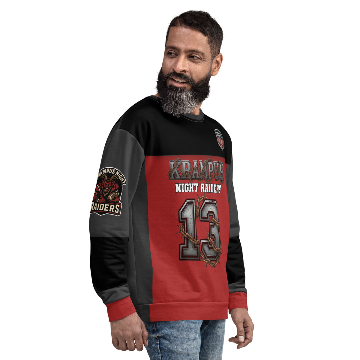 Back/detail view of Krampus Night Raiders “13” — Unisex Sweatshirt Football Jersey graphic sweatshirt