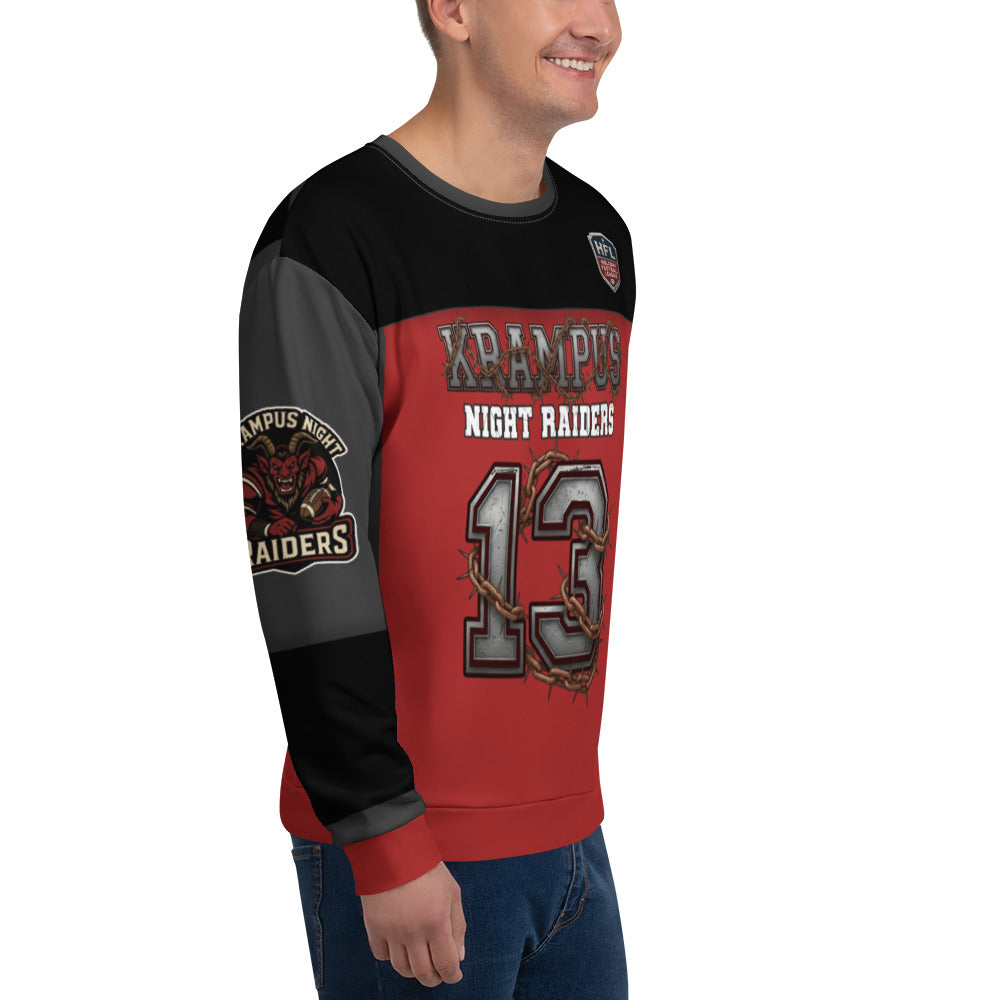 Back/detail view of Krampus Night Raiders “13” — Unisex Sweatshirt Football Jersey graphic sweatshirt