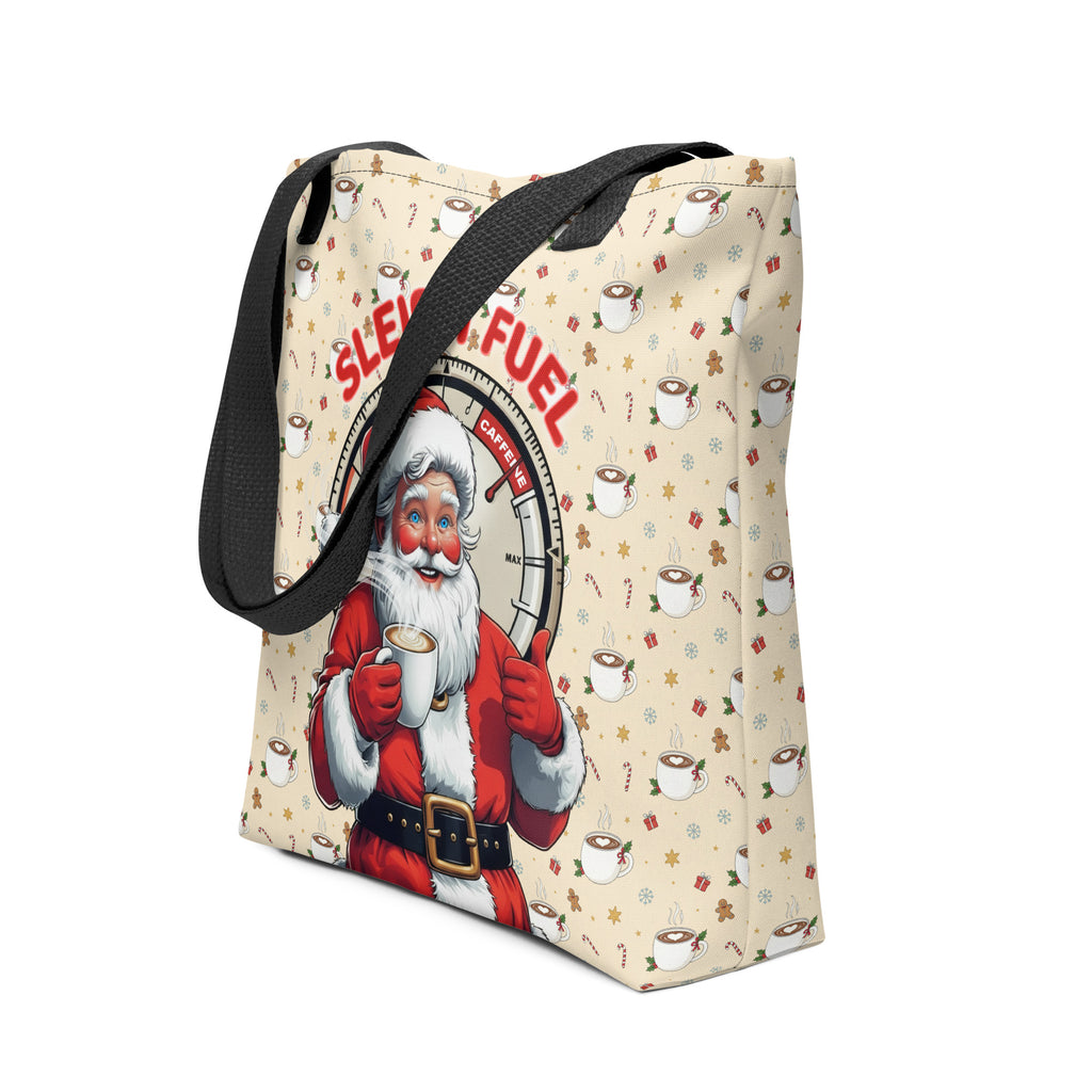 Back/detail view of Sleigh Fuel – All-Over Print Tote Bag (Santa Coffee Pattern bag