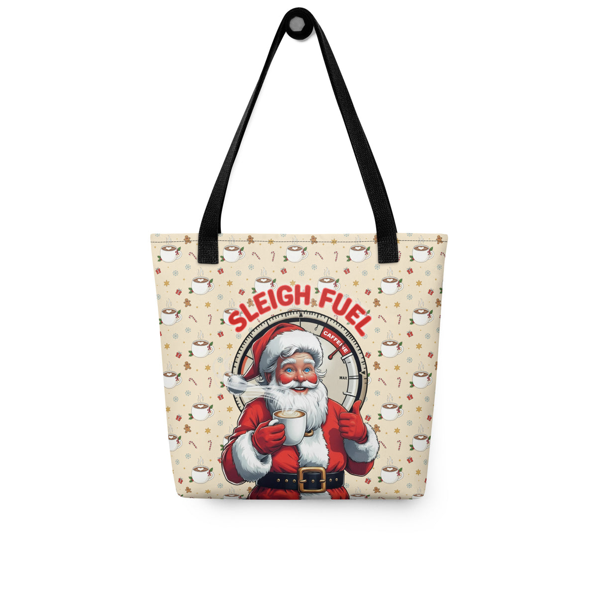 Front/product view of Sleigh Fuel – All-Over Print Tote Bag (Santa Coffee Pattern bag