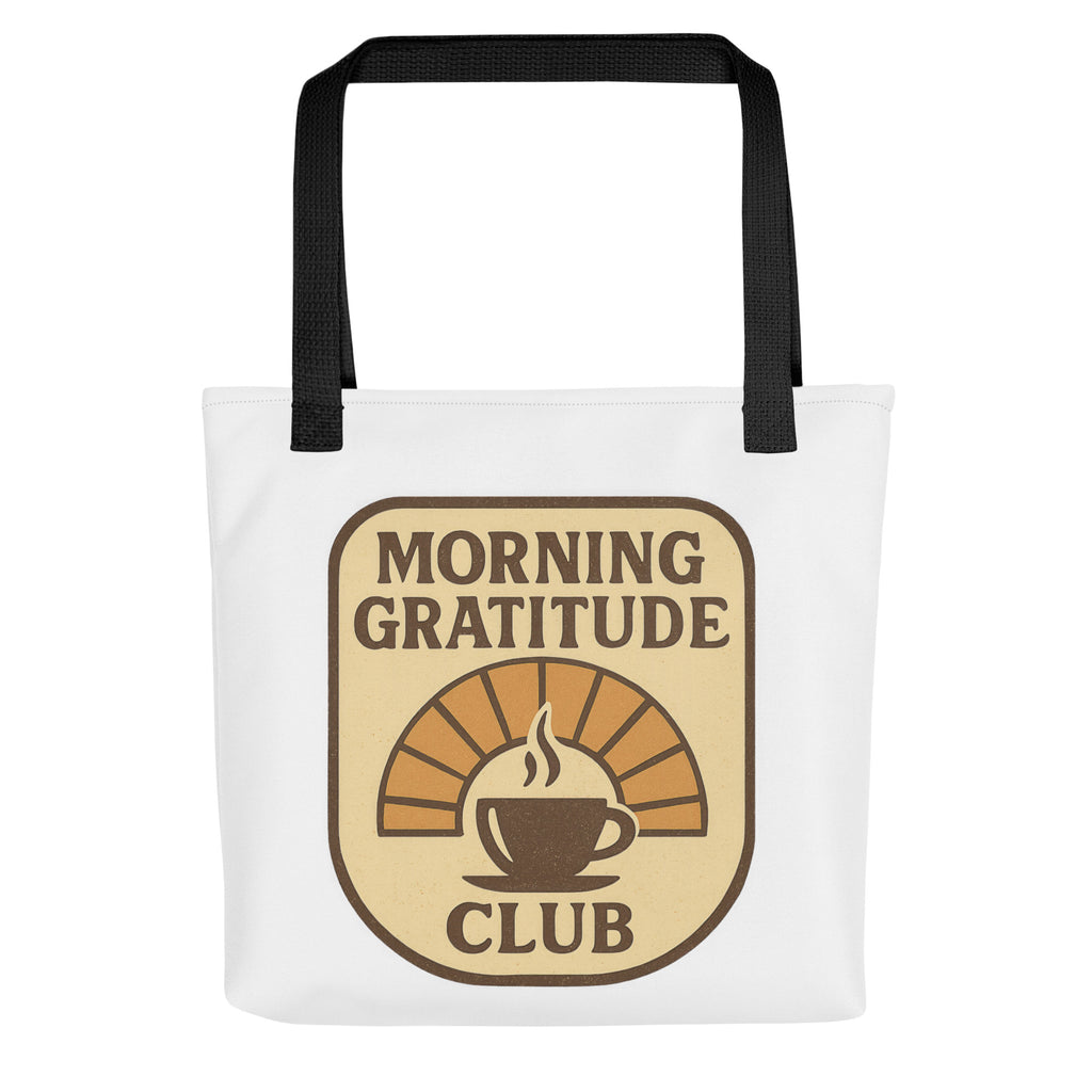 Back/detail view of Morning Gratitude Club – White Tote Bag with Color Handles bag