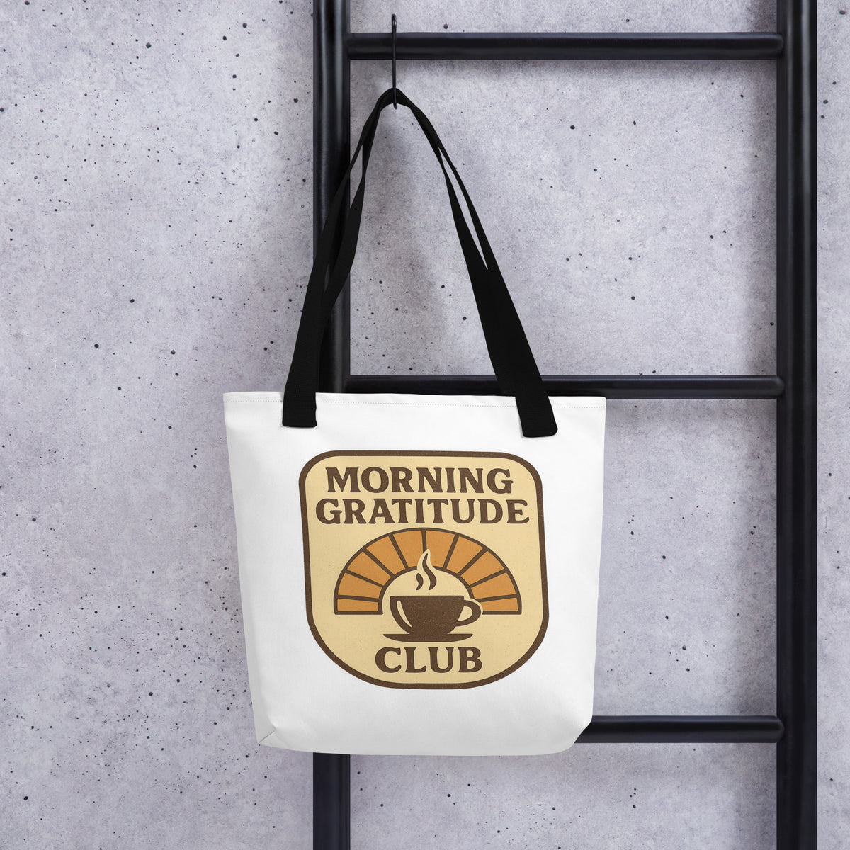 Back/detail view of Morning Gratitude Club – White Tote Bag with Color Handles bag
