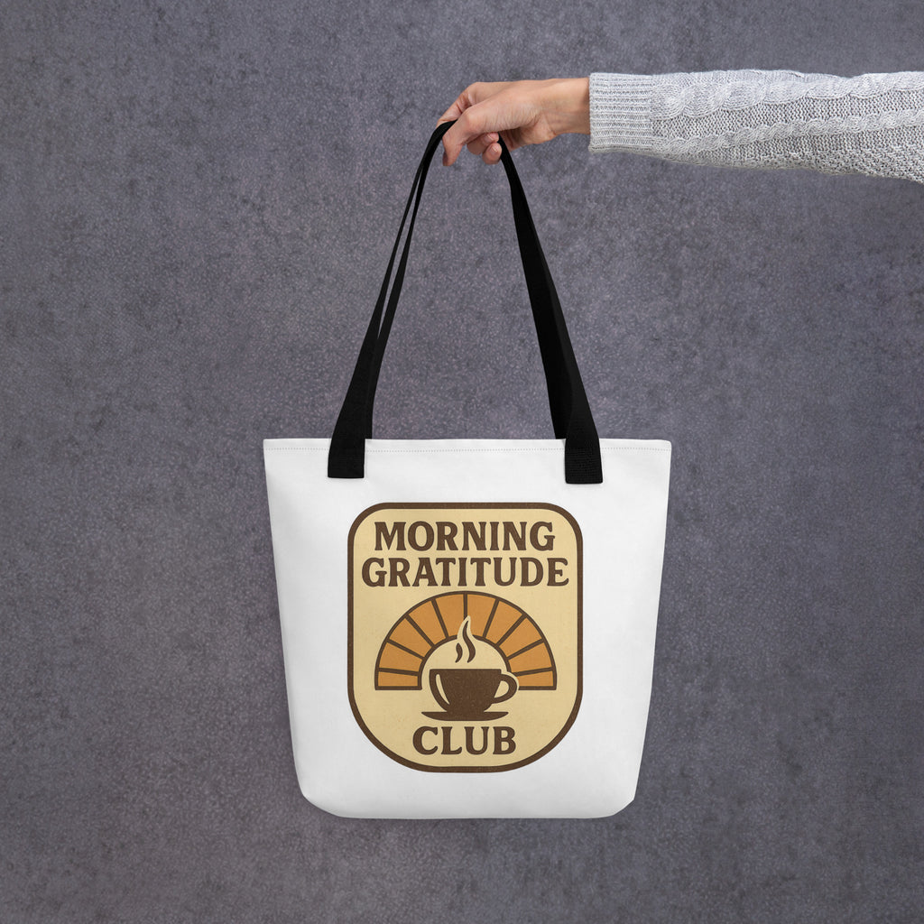 Back/detail view of Morning Gratitude Club – White Tote Bag with Color Handles bag