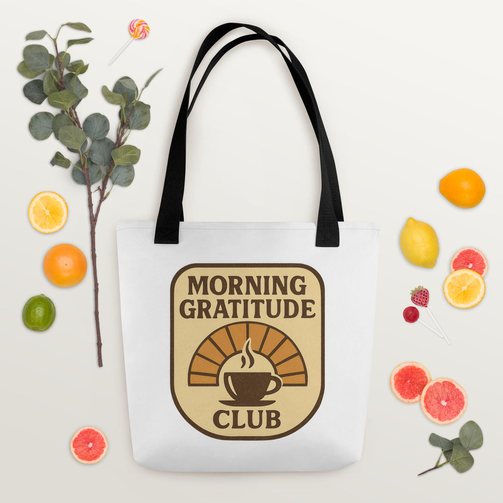 Back/detail view of Morning Gratitude Club – White Tote Bag with Color Handles bag