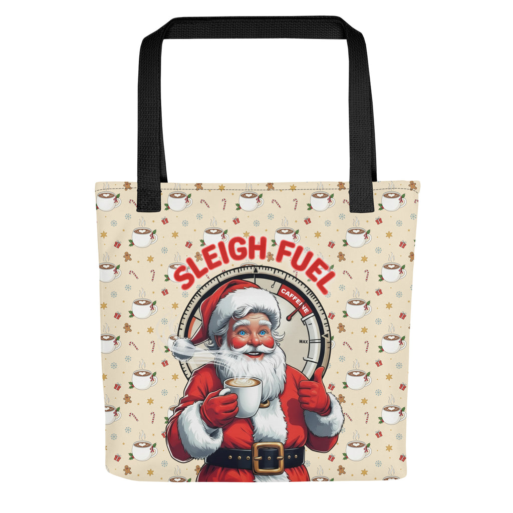 Back/detail view of Sleigh Fuel – All-Over Print Tote Bag (Santa Coffee Pattern bag