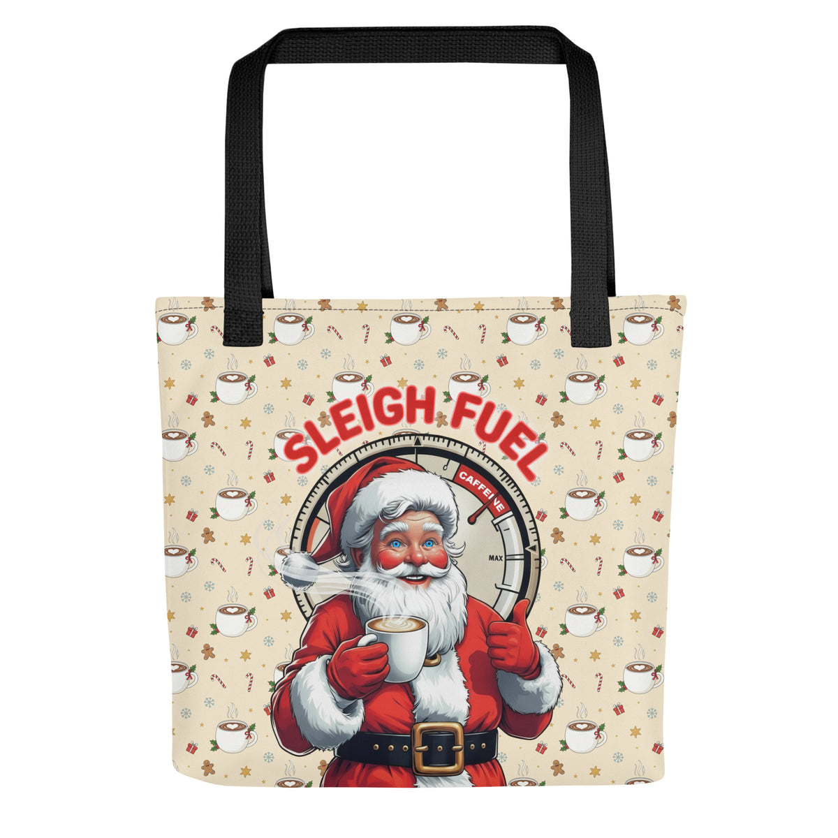Back/detail view of Sleigh Fuel – All-Over Print Tote Bag (Santa Coffee Pattern bag