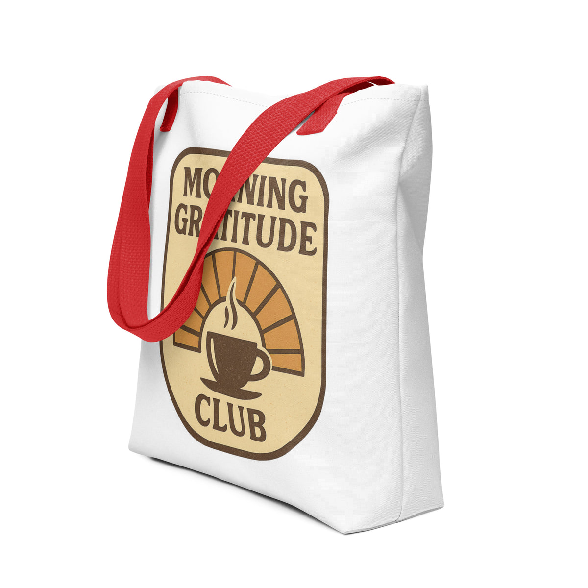 Back/detail view of Morning Gratitude Club – White Tote Bag with Color Handles bag