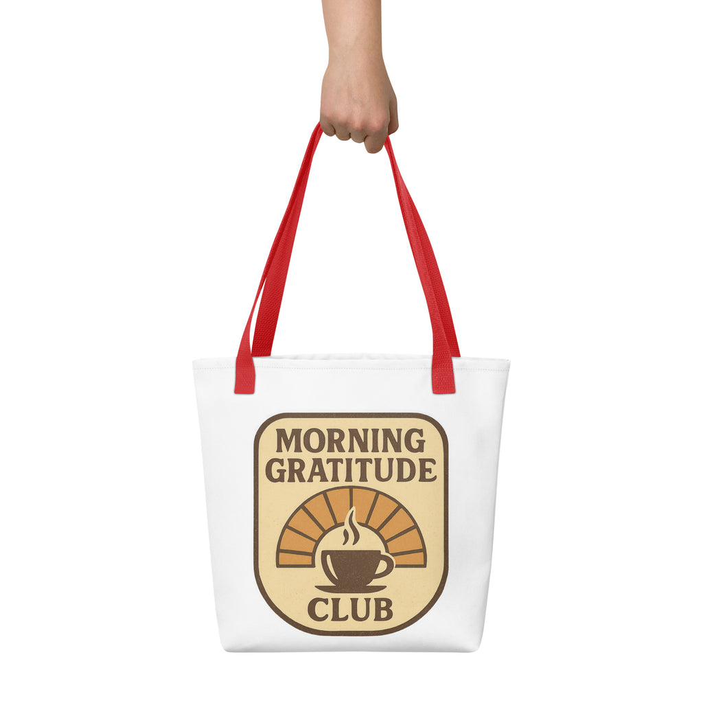 Back/detail view of Morning Gratitude Club – White Tote Bag with Color Handles bag