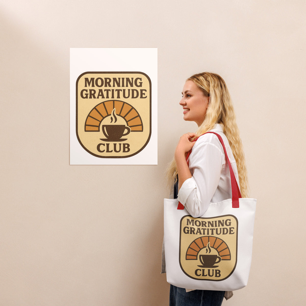 Back/detail view of Morning Gratitude Club – White Tote Bag with Color Handles bag