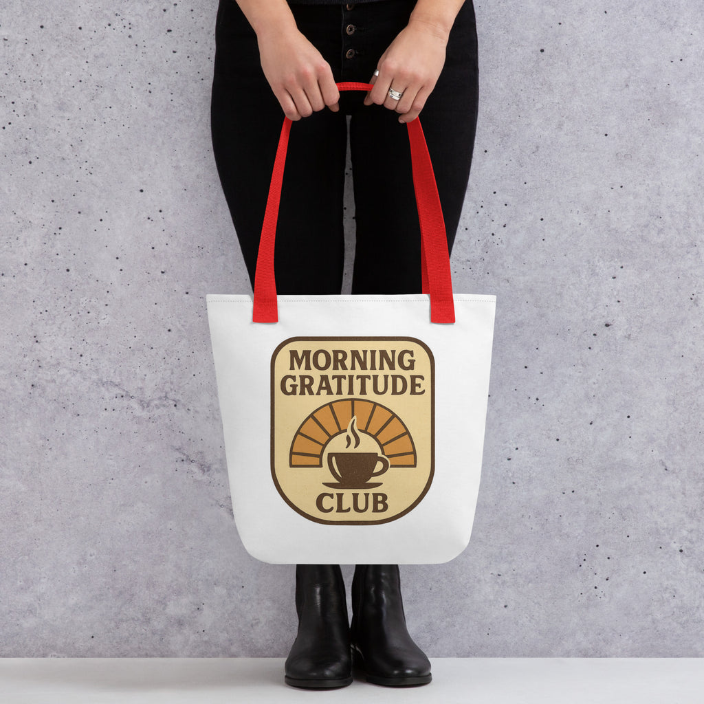 Back/detail view of Morning Gratitude Club – White Tote Bag with Color Handles bag