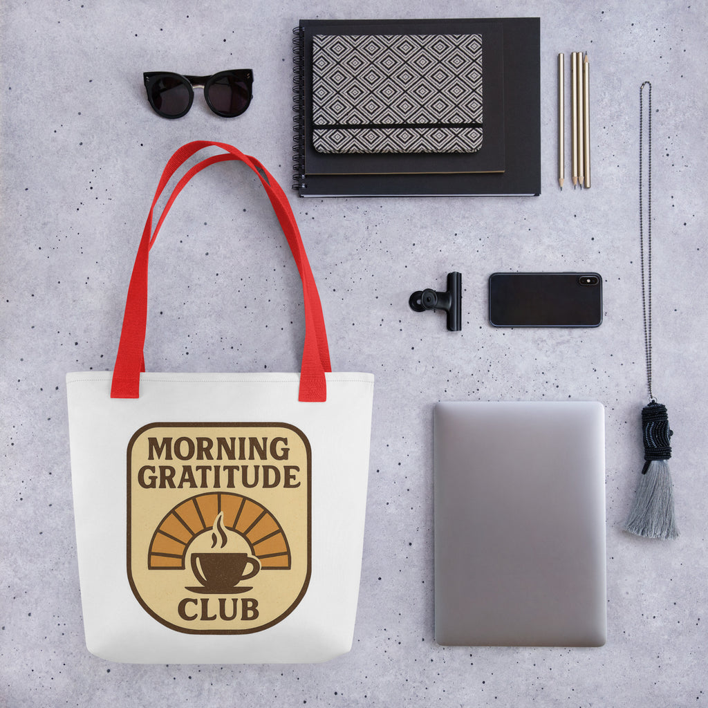 Back/detail view of Morning Gratitude Club – White Tote Bag with Color Handles bag