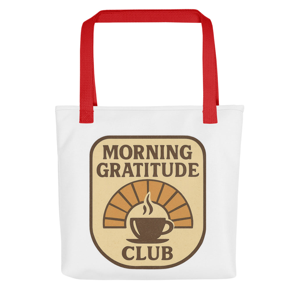 Back/detail view of Morning Gratitude Club – White Tote Bag with Color Handles bag
