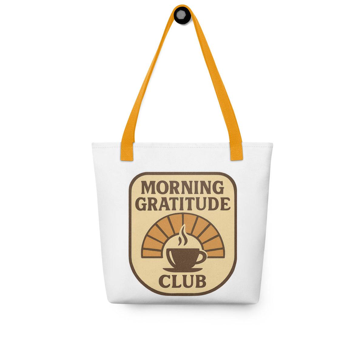 Back/detail view of Morning Gratitude Club – White Tote Bag with Color Handles bag