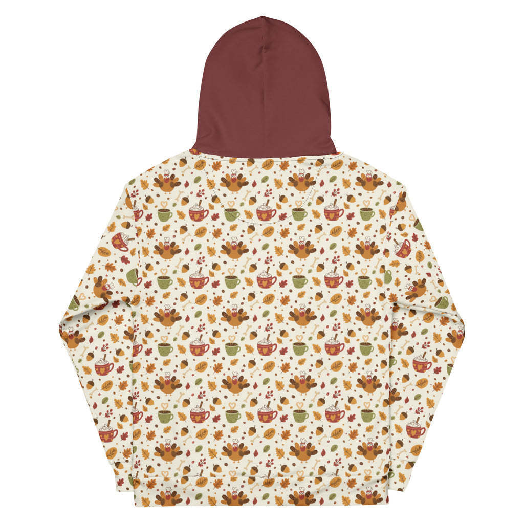 Back/detail view of Leftovers & Lattes – All-Over Print Unisex Cotton Hoodie (Relaxed Fit) graphic hoodie