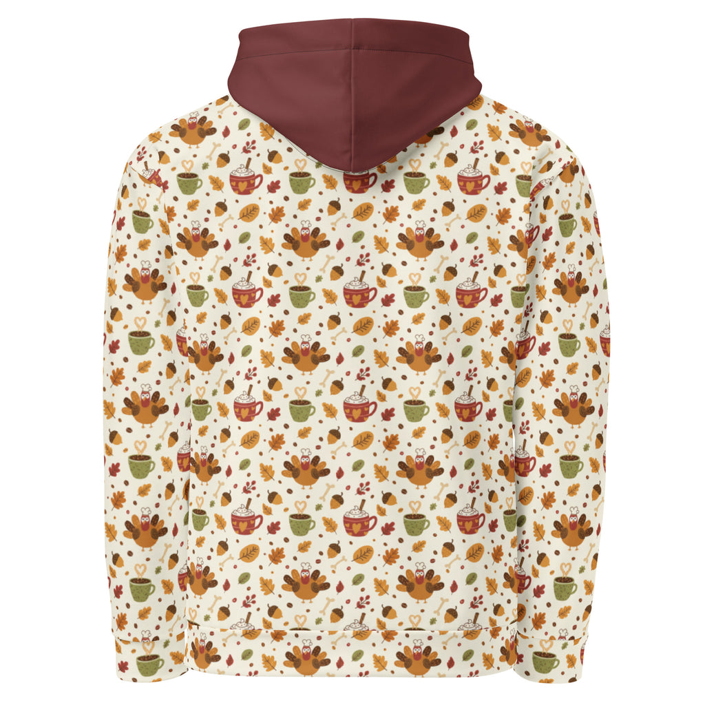 Back/detail view of Leftovers & Lattes – All-Over Print Unisex Cotton Hoodie (Relaxed Fit) graphic hoodie