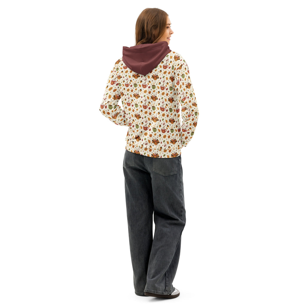 Back/detail view of Leftovers & Lattes – All-Over Print Unisex Cotton Hoodie (Relaxed Fit) graphic hoodie