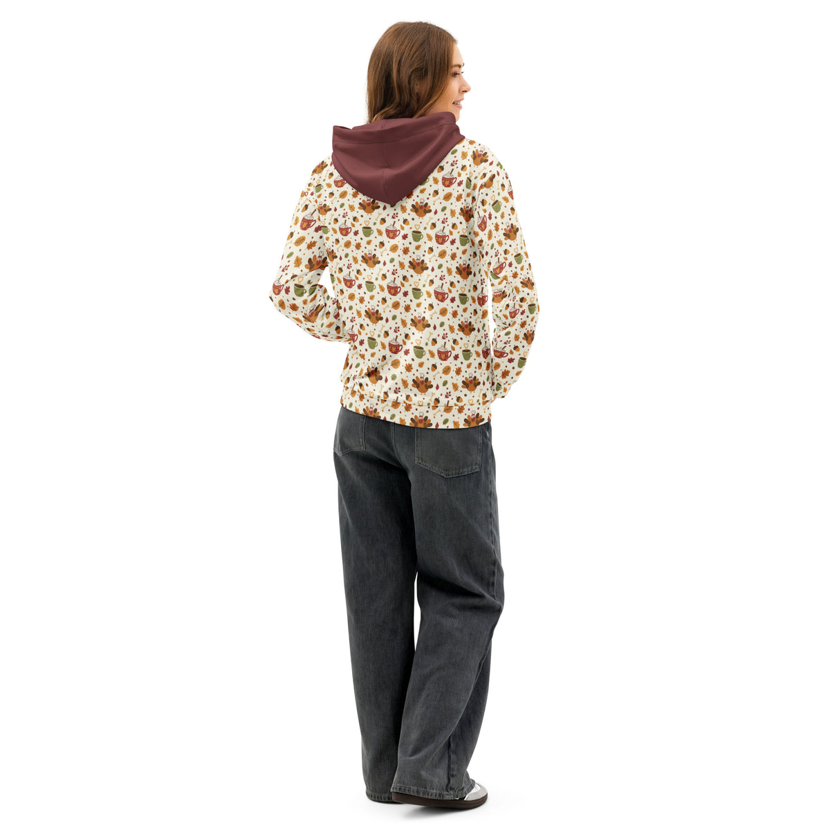 Back/detail view of Leftovers & Lattes – All-Over Print Unisex Cotton Hoodie (Relaxed Fit) graphic hoodie