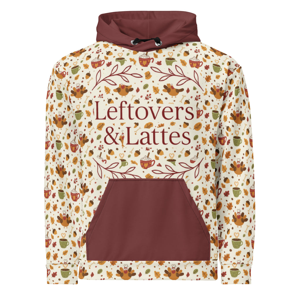 Front/product view of Leftovers & Lattes – All-Over Print Unisex Cotton Hoodie (Relaxed Fit) graphic hoodie
