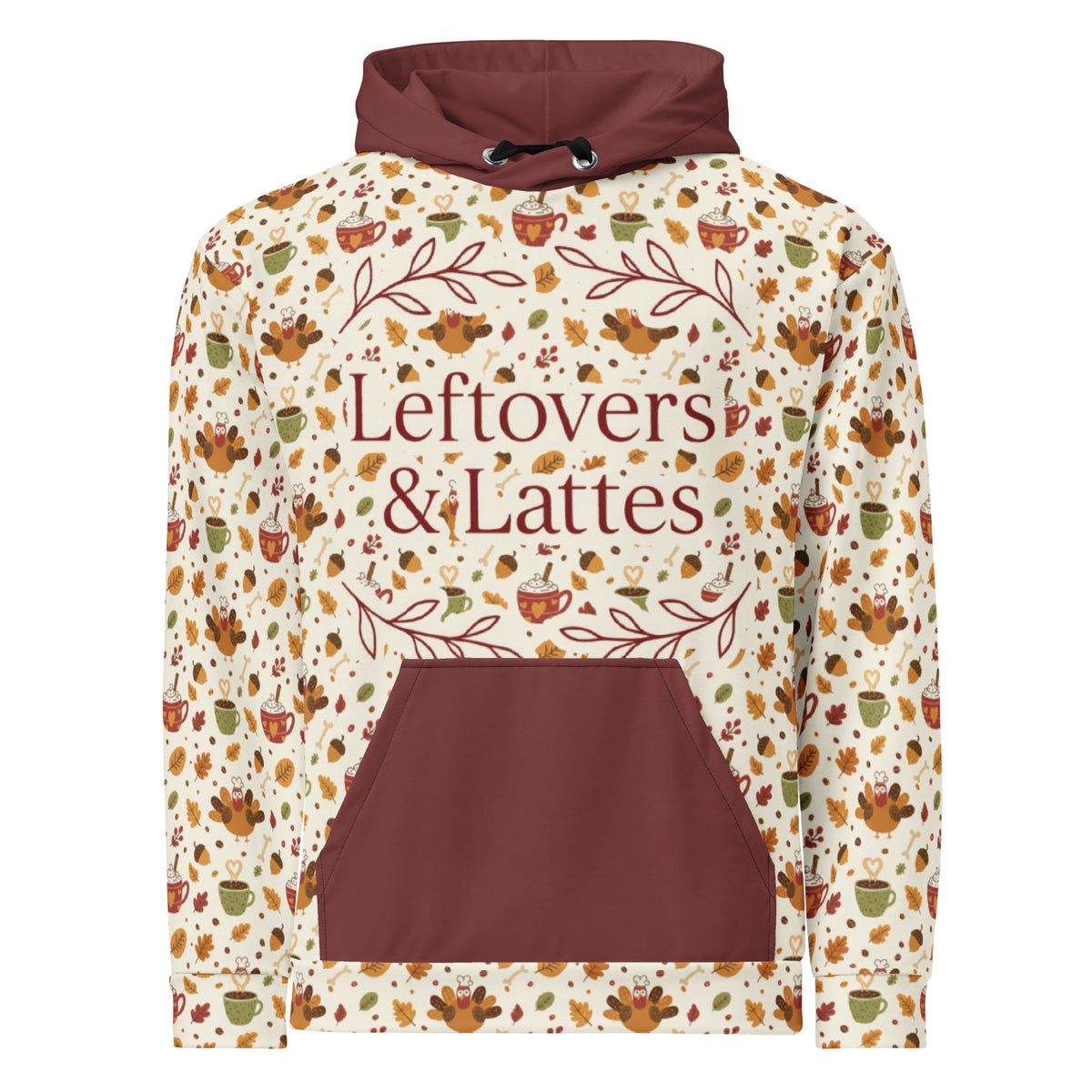 Front/product view of Leftovers & Lattes – All-Over Print Unisex Cotton Hoodie (Relaxed Fit) graphic hoodie