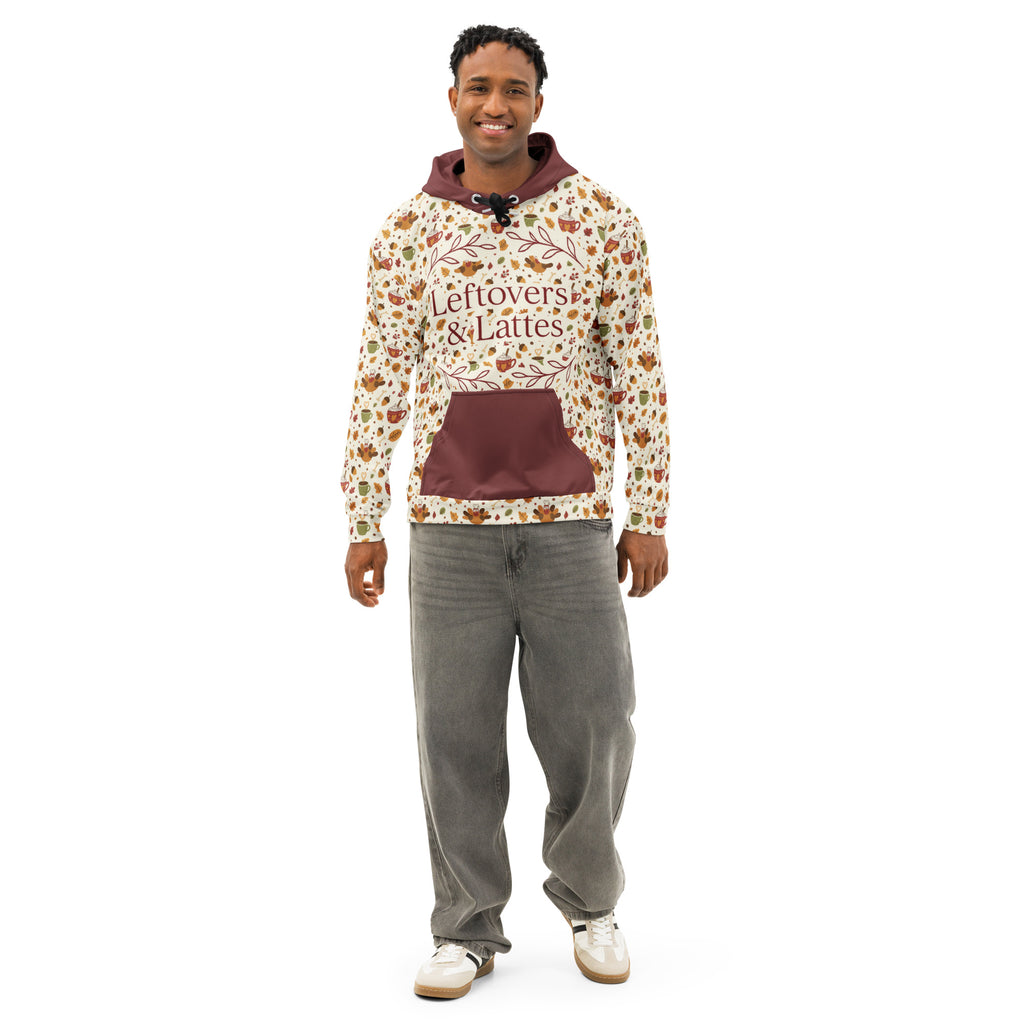 Back/detail view of Leftovers & Lattes – All-Over Print Unisex Cotton Hoodie (Relaxed Fit) graphic hoodie