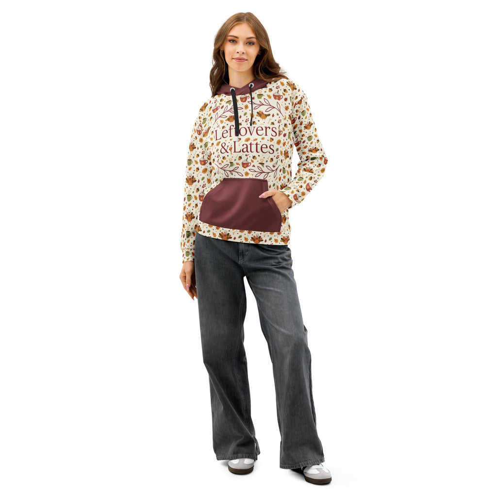 Back/detail view of Leftovers & Lattes – All-Over Print Unisex Cotton Hoodie (Relaxed Fit) graphic hoodie
