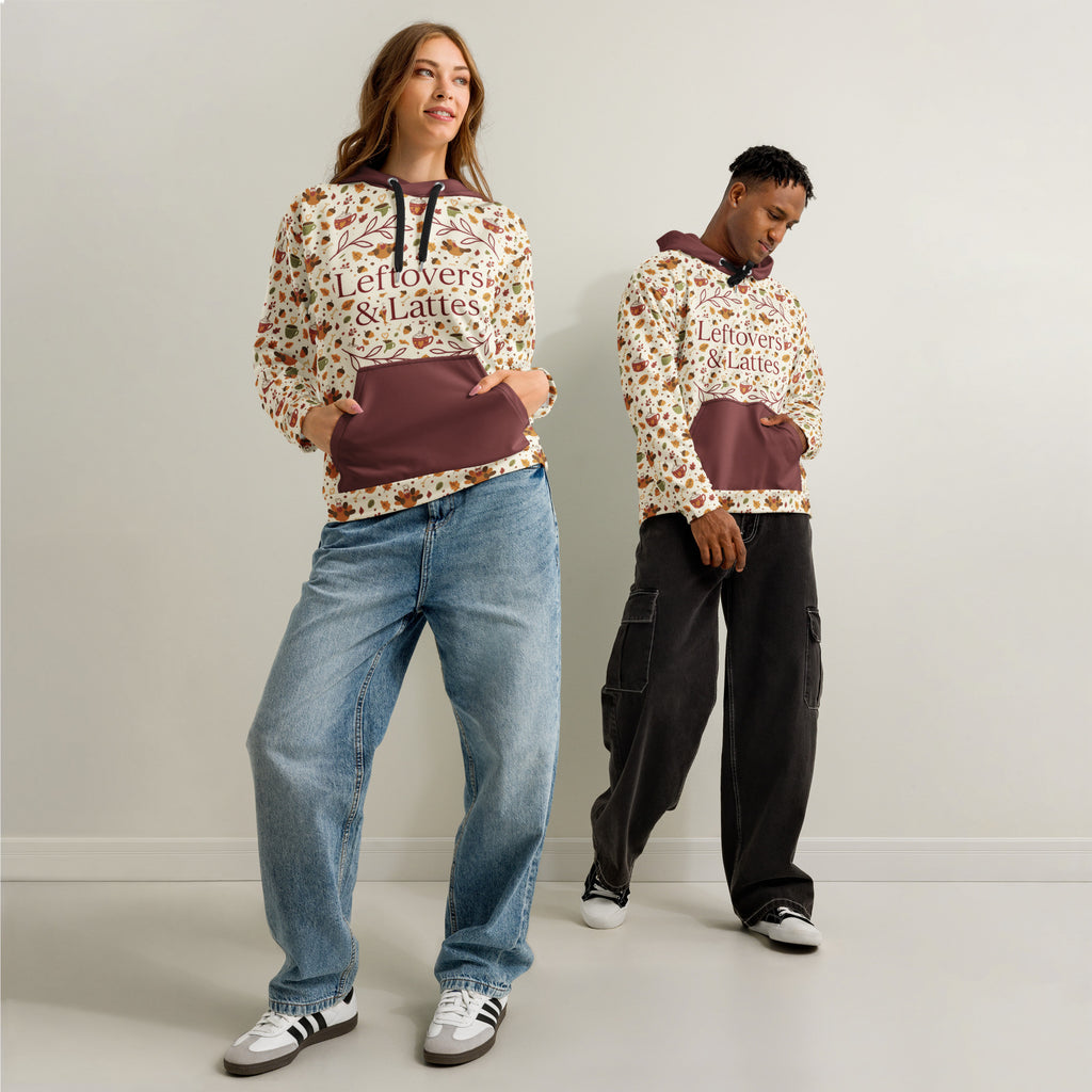 Back/detail view of Leftovers & Lattes – All-Over Print Unisex Cotton Hoodie (Relaxed Fit) graphic hoodie