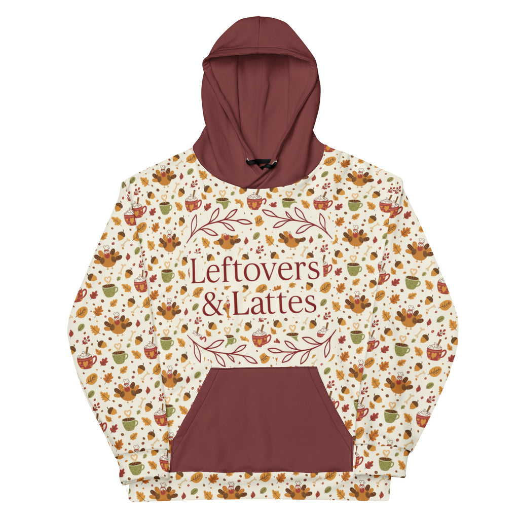 Back/detail view of Leftovers & Lattes – All-Over Print Unisex Cotton Hoodie (Relaxed Fit) graphic hoodie