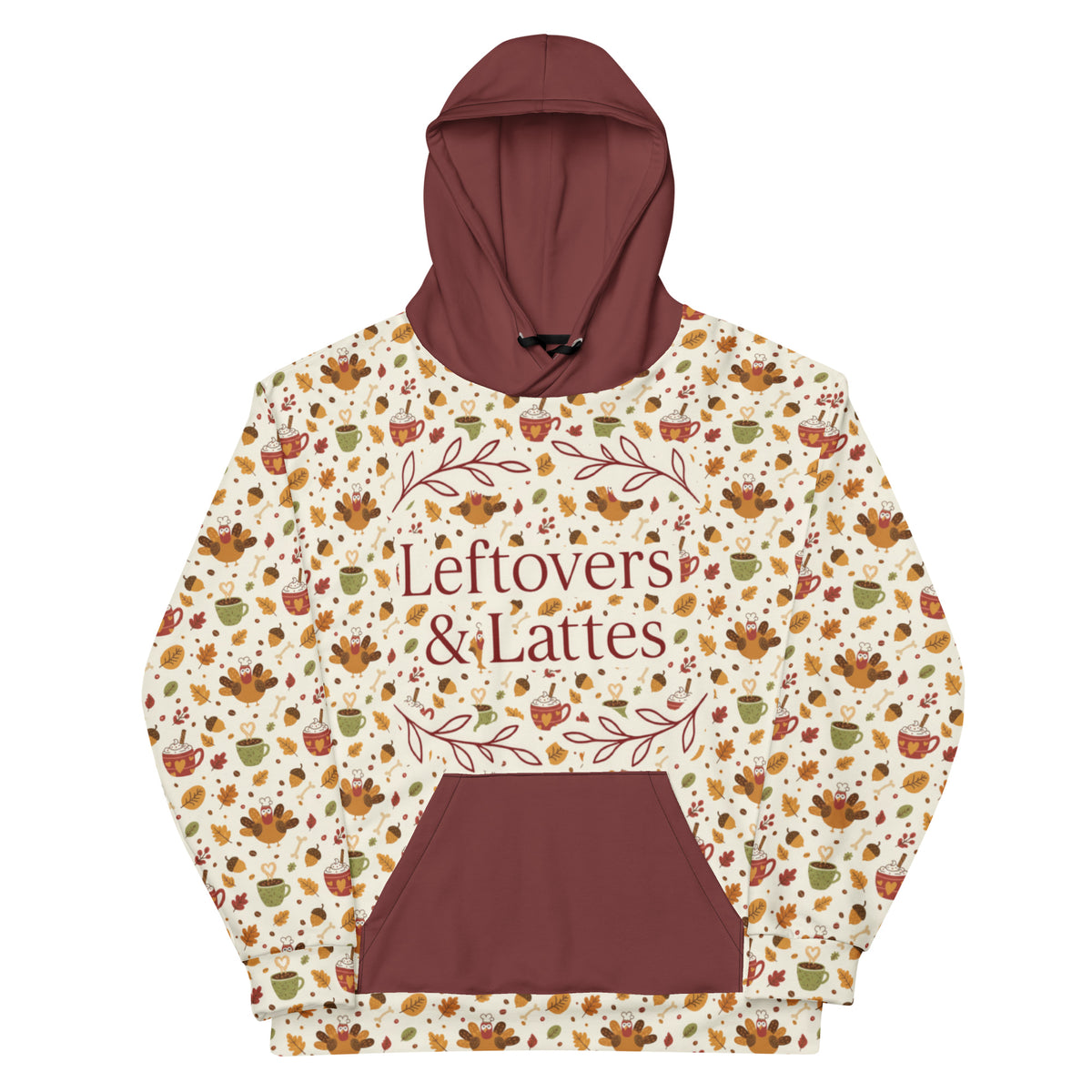 Back/detail view of Leftovers & Lattes – All-Over Print Unisex Cotton Hoodie (Relaxed Fit) graphic hoodie