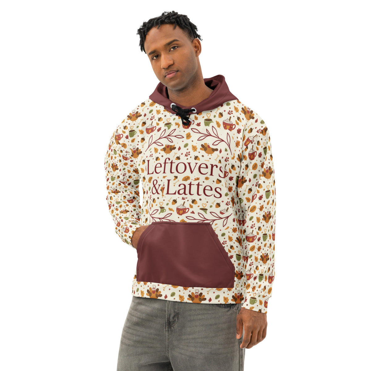 Back/detail view of Leftovers & Lattes – All-Over Print Unisex Cotton Hoodie (Relaxed Fit) graphic hoodie