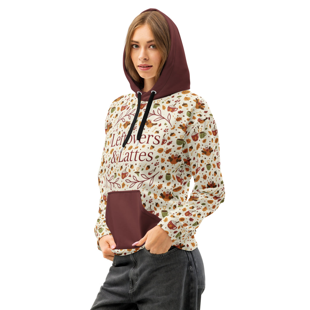 Back/detail view of Leftovers & Lattes – All-Over Print Unisex Cotton Hoodie (Relaxed Fit) graphic hoodie