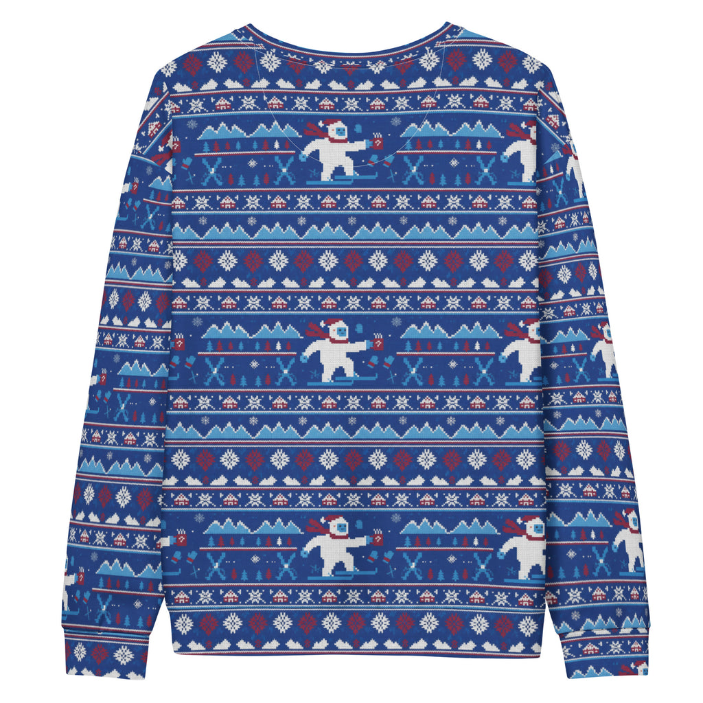 Back/detail view of Snowboard Yeti “Ugly Sweater” Look – All-Over Print Unisex Cotton graphic sweatshirt