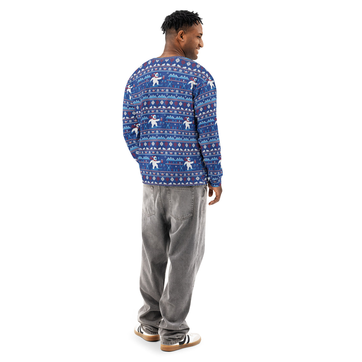 Back/detail view of Snowboard Yeti “Ugly Sweater” Look – All-Over Print Unisex Cotton graphic sweatshirt