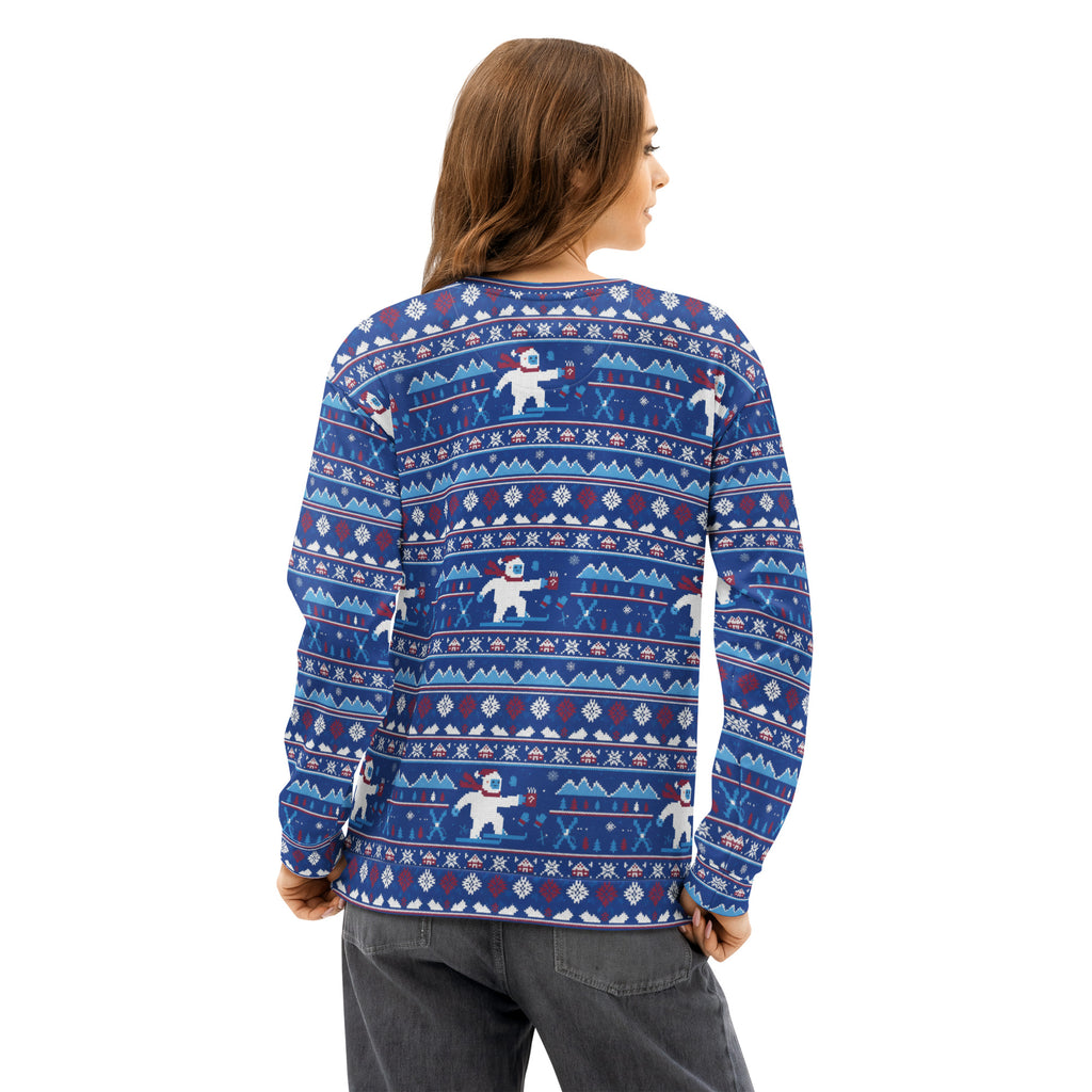 Back/detail view of Snowboard Yeti “Ugly Sweater” Look – All-Over Print Unisex Cotton graphic sweatshirt